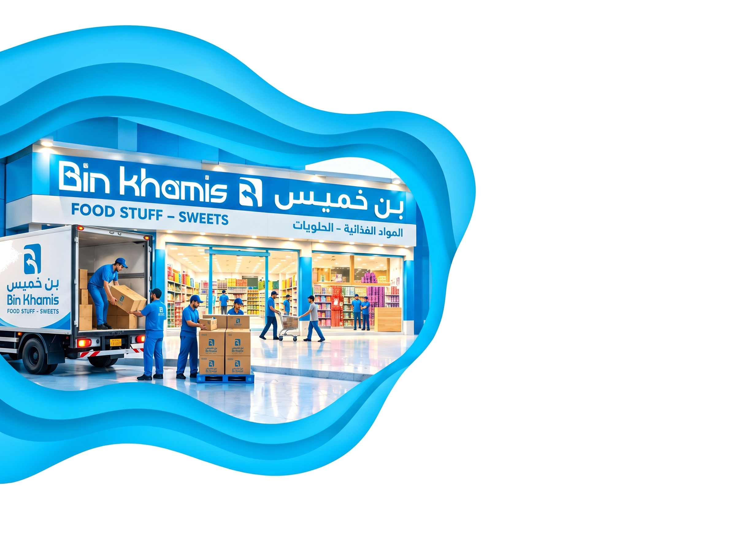 Illustrated Bin Khamis shop front, with the team unloading a branded truck